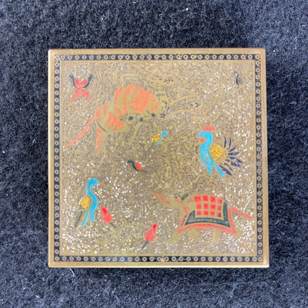 Vintage 1940's Volupte USA Exotic Animal Enameled Brass Compact Case